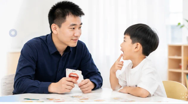 男康复师与孩子进行言语沟通训练